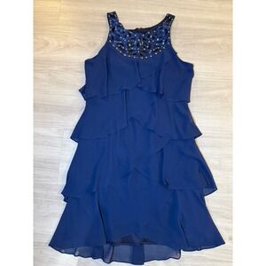 S.L. Fashions Navy Blue Tiered Cocktail Dress Beaded Neckline Size 10 112803M